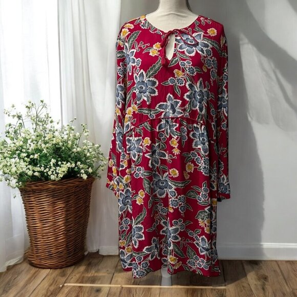 Old Navy  Red Floral Long Sleeve Peasant Dress XXL - Picture 1 of 7